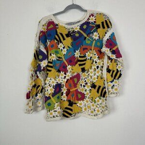 TLC By Lambert Butterfly And Bee Novelty Crochet Open Sweater 80’s / 90’s Size S